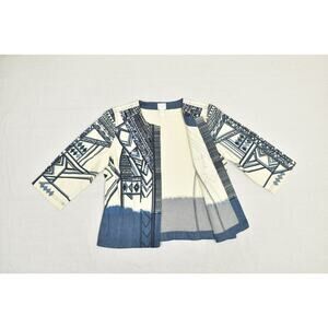 Chico's Women's Blue & White Aztec Print Denim Trim Open Front Jacket Size 1